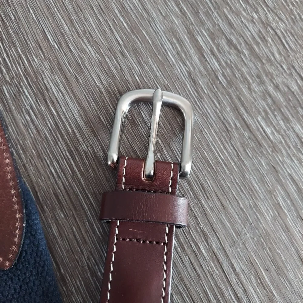 Vineyard Vines Rainbow Trout Ribbon Brass Leather Belt Brown Navy Size 28
